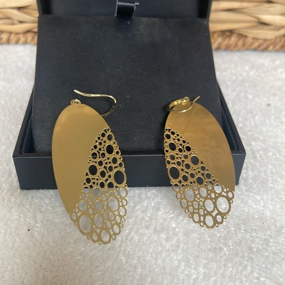 ISARA GOLD PLATED 3 1/4” LONG OVAL CIRCLE PATTERN SILVER EMBELLISHMENT EARRINGS - Picture 3 of 5